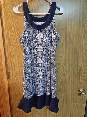 Tommy Bahama :"Fineapple" Linen Ruffle Dress in Navy & White Size Medium